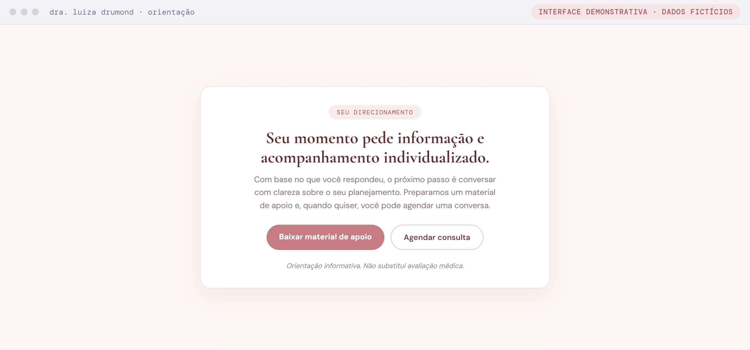 Tela de orientação do quiz com direcionamento e aviso 'não substitui avaliação médica' (interface demonstrativa com dados fictícios)
