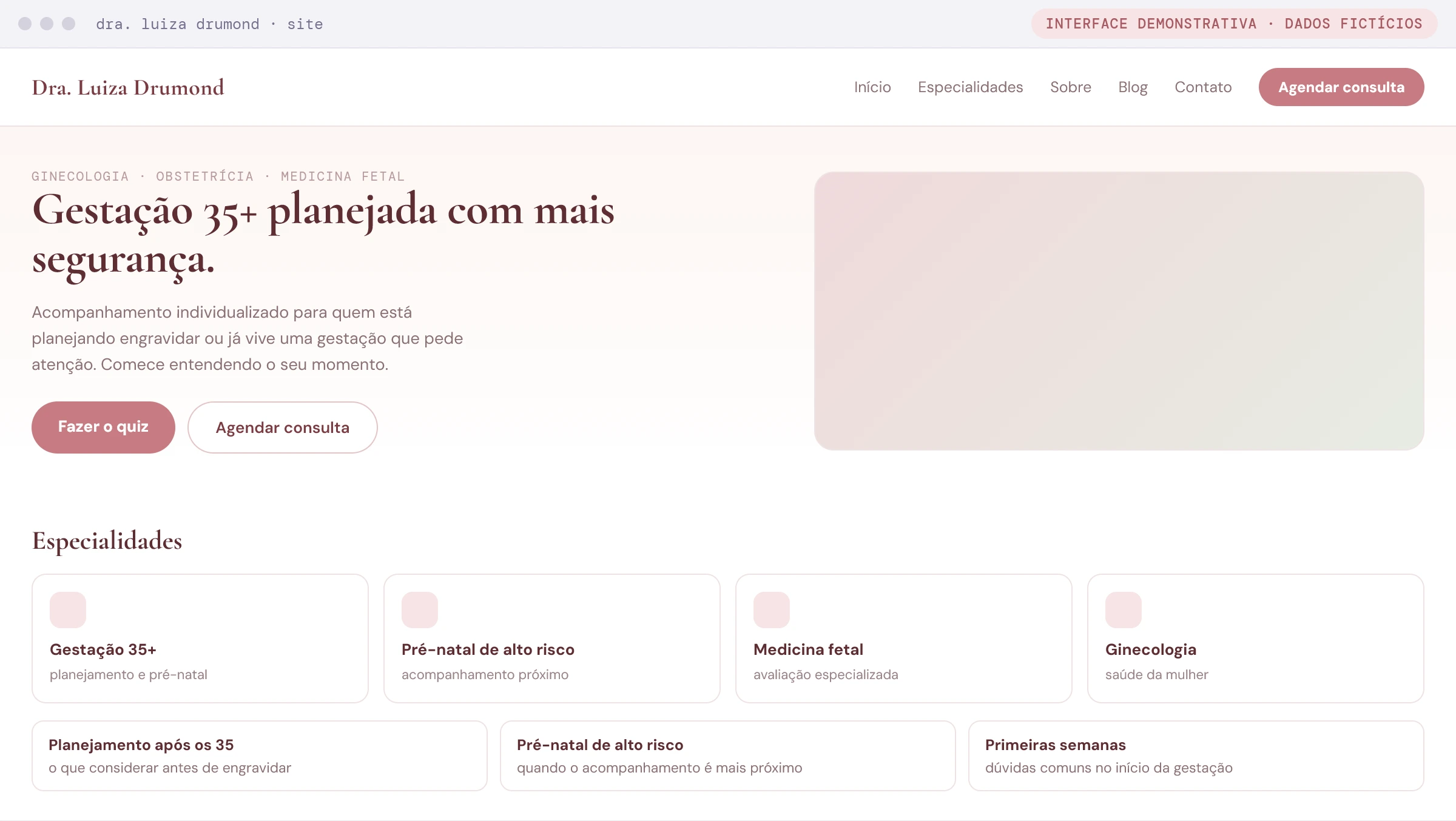 Site próprio da Dra. Luiza Drumond com chamada para o quiz (interface demonstrativa com dados fictícios)