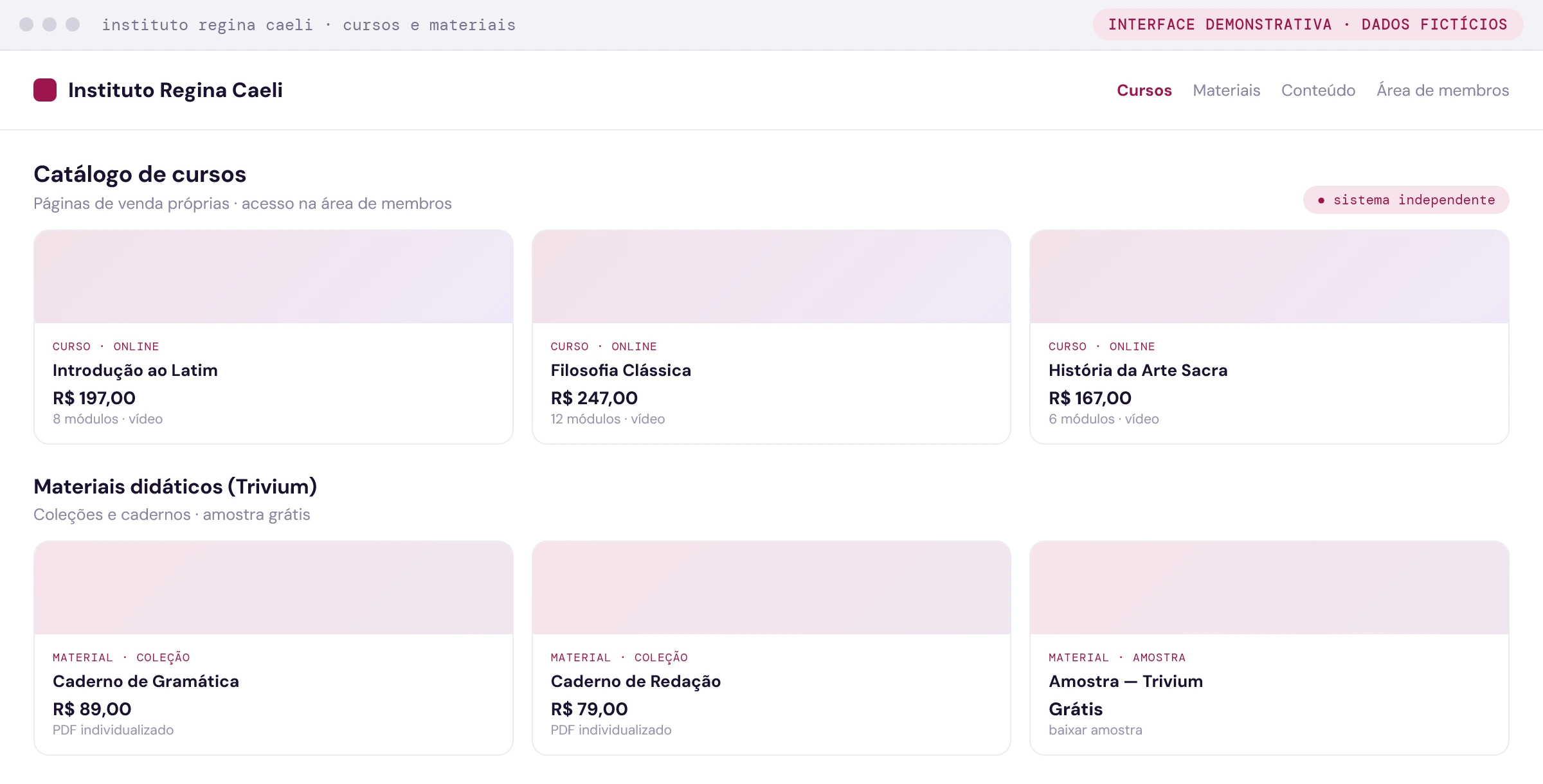 Instituto Regina Caeli: catálogo de cursos e materiais Trivium — um sistema independente (interface demonstrativa com dados fictícios)