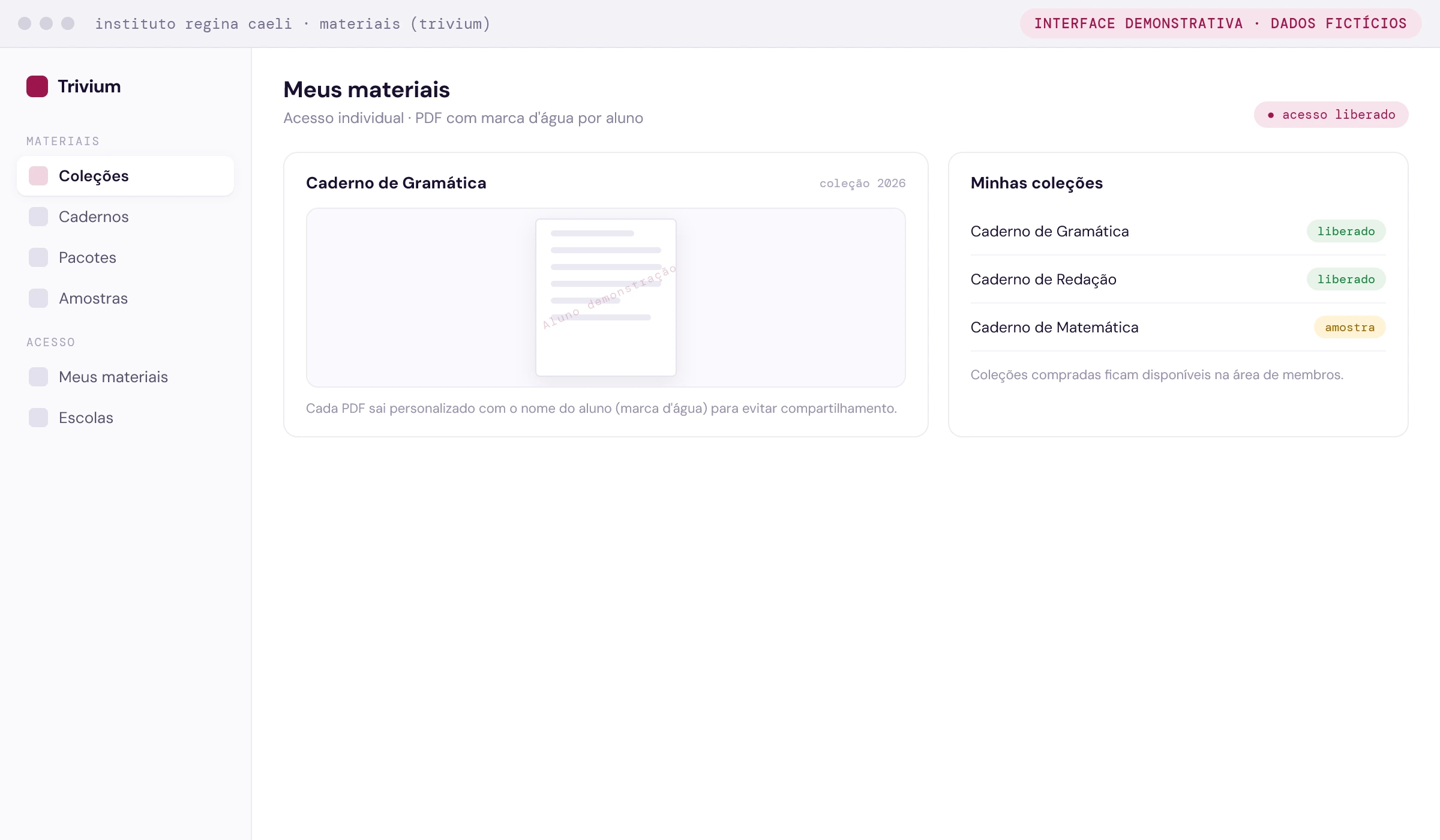 Materiais Trivium com acesso individual e PDF com marca d'água por aluno (interface demonstrativa com dados fictícios)
