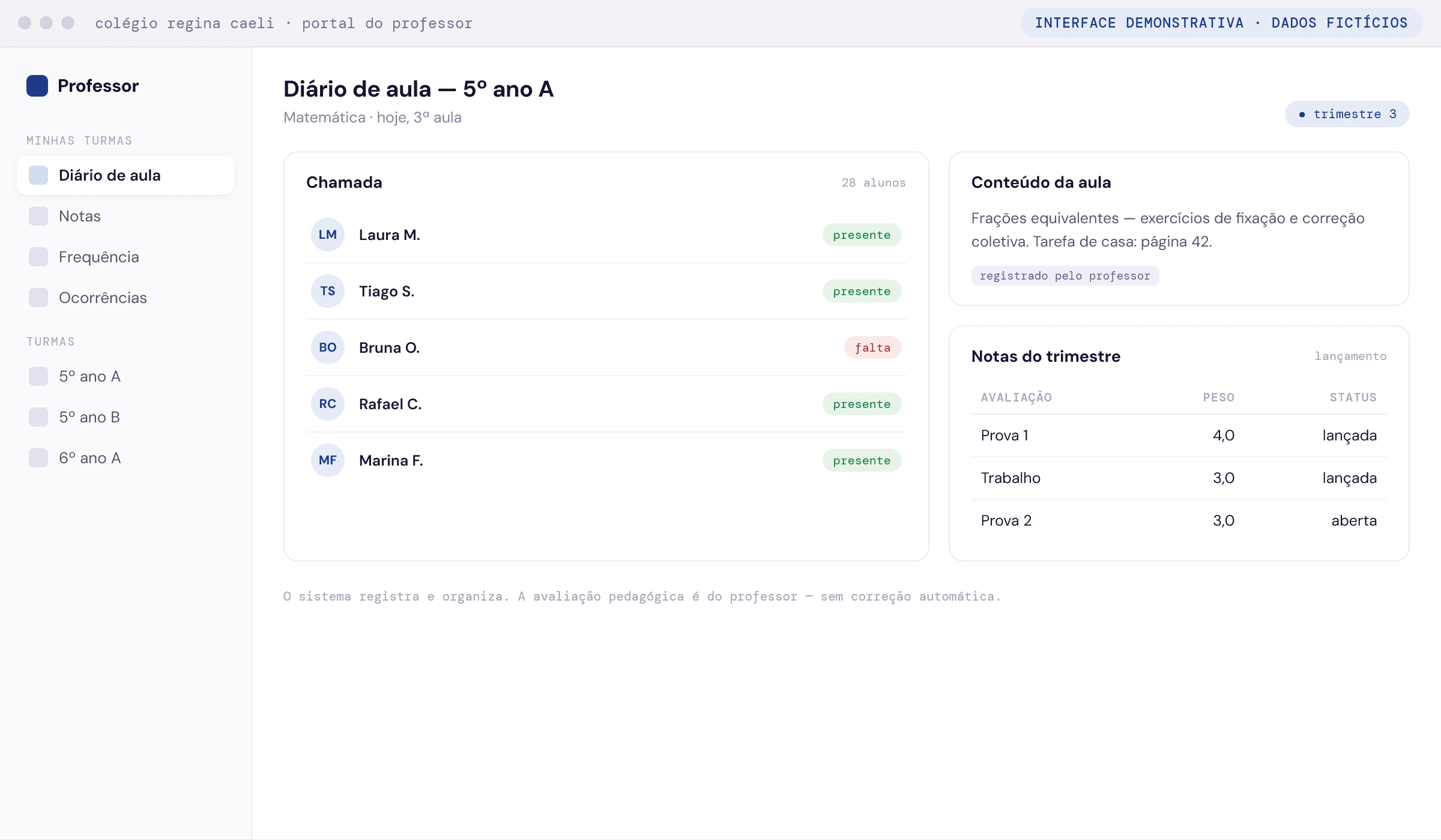 Portal do professor: diário de aula, chamada e lançamento de notas (interface demonstrativa com dados fictícios)